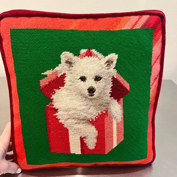 Festive/Holiday velvet Dog Needlepoint Pillow 13x13 - Picture 5 of 12